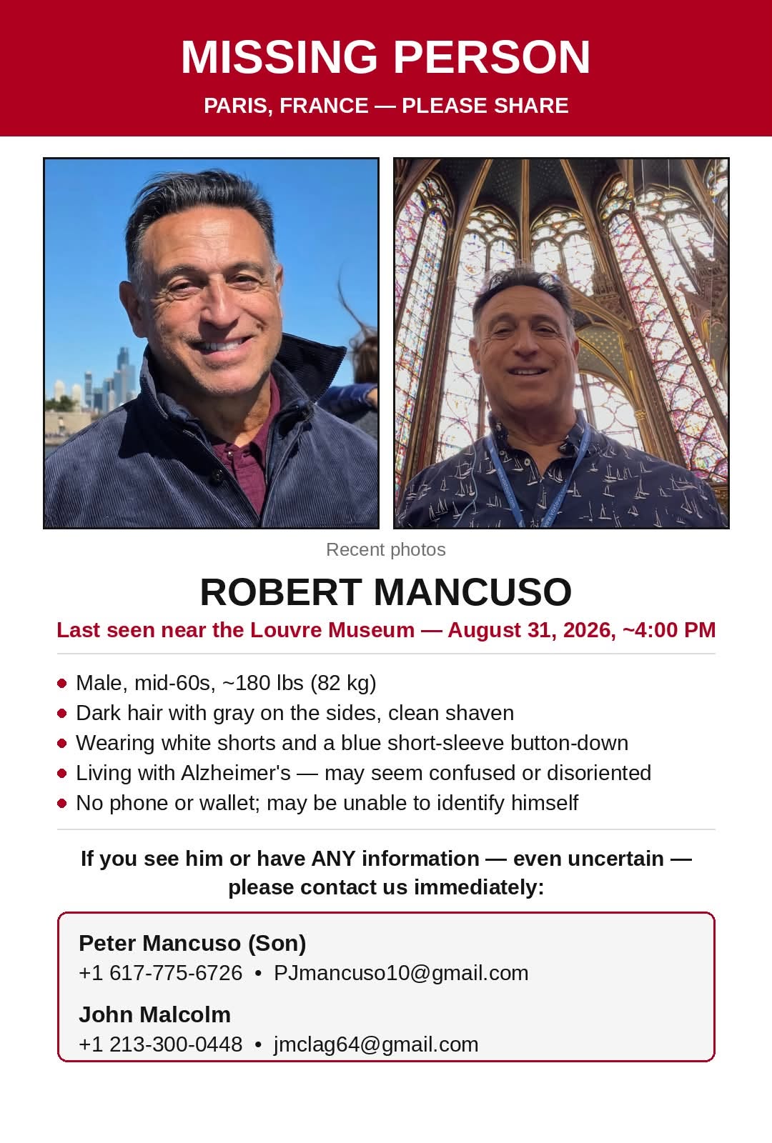 Search Underway For Missing Man Robert Mancuso Last Seen Near The Louvre In Paris